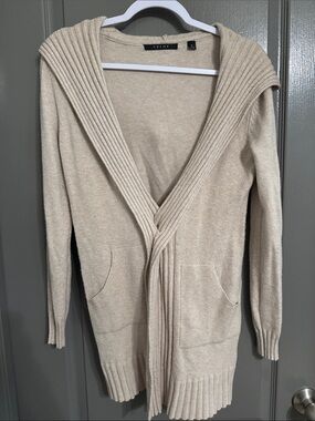 Cyrus Beige Open-Front Ribbed Hooded Cardigan